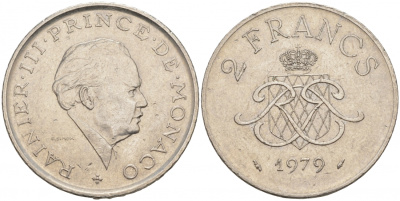 Монако 2 франка 1979 Ренье III (1949-2005) KM 157 никель 73-1457