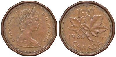 Канада 1 цент 1989 Елизавета II (1952-2022), кленовый лист KM 132 бронза 71-115