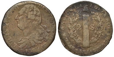 Франция 2 соля 1792 W, Людовик XVI (1774-1793) KM 603.16 бронза 00-00