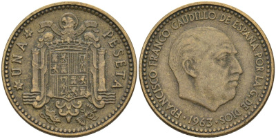 Испания 1 песета 1963 (64) Франсиско Франко (1939-1975) KM 775 алюминиевая бронза 3336-727