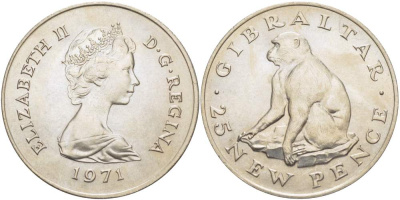 Гибралтар 25 пенсов 1971 Елизавета II (1952-2022), обезьяна KM 5 медно-никель UNC 4527-423