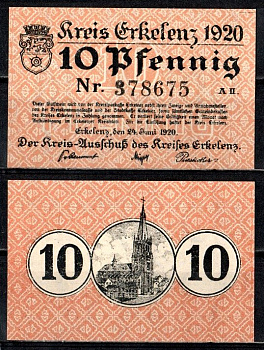 Эркеленц (Пруссия, Рейн) 10 пфеннигов 1920 Mehl Grabowski E24.10a бумага UNC (пресс) 7555-58-2-1