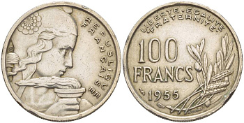 ФРАНЦИЯ 100 ФРАНКОВ 1955 ТИП COCHET KM 919.1, LE FRANC 450.5 медно-никель 4551-637
