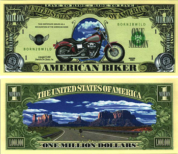 США 1000000 ДОЛЛАРОВ 2002 СУВЕНИРНАЯ БАНКНОТА, АМЕРИКАНСКИЕ БАЙКЕРЫ, ЖИТЬ ЧТОБЫ ЕЗДИТЬ - ЕЗДИТЬ ЧТОБЫ ЖИТЬ, МОТОЦИКЛ бумага UNC (ПРЕСС) 7198-42-1-1