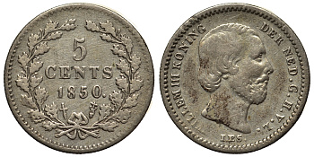 Нидерланды 5 центов 1850 Виллем III (1849-1890), точка после даты KM 91 серебро 443-334