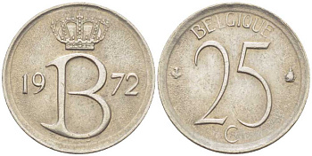 БЕЛЬГИЯ 25 САНТИМОВ 1972 BELGIQUE, БОДУЭН I (1951-1993) KM 153.1 медно-никель 214-437