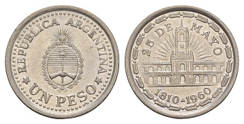 Аргентина 1 песо 1960 150 лет свержению Испанского Вице-короля KM 58 сталь плакированная никелем 4656-1137