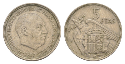 Испания 5 песет 1957 (62) Франсиско Франко (1939-1975) KM 786 медно-никель 4538-417