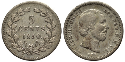 Нидерланды 5 центов 1850 Виллем III (1849-1890), точка после даты KM 91 серебро 443-334