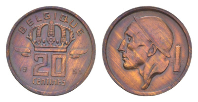 Бельгия 20 сантимов 1953 Belgique, Бодуэн I (1951-1993) KM 146 бронза 4169-725