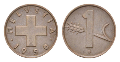 Швейцария 1 раппен 1950 B KM 46 бронза 4705-1163