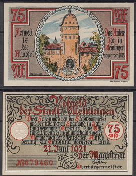 Майнинген 75 пфеннигов 1921 DeNG 2 877.2-1/4 бумага UNC (пресс) 8613-62-3-1