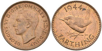 Великобритания 1 фартинг 1944 Георг VI (1936-1952) KM 843, Spink 4116 бронза 92-644