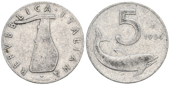 Италия 5 лир 1954 R, руль, дельфин KM 92 алюминий 259-122