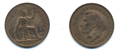 Великобритания 1 пенни 1938 Георг VI (1936-1952) KM 845, Spink 4114 бронза 83-614