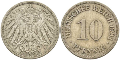 Германия 10 пфеннигов 1901 A KM 12, J. 13, Weege 8 медно-никель 259-817