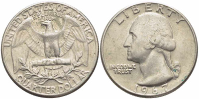 США 25 центов (квотер) 1967 Вашингтон КМ 164а медь плакированная медно-никелем 63-821