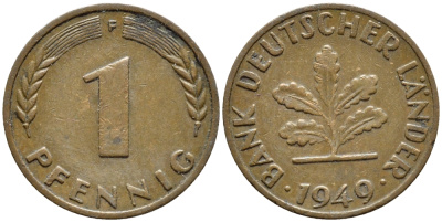 ФРГ 1 ПФЕННИГ 1949 F КМ А101 J. 376 сталь плакированная медью 4392-1014