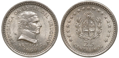 Уругвай 25 сентесимо 1960 KM 40 медно-никель 4169-841