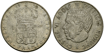 Швеция 1 крона 1955 TS, Густав VI Адольф (1950-1973) KM 826 серебро 4177-1011