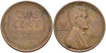США 1 цент 1936 Линкольн KM 132 бронза 4115-763