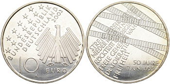 ФРГ 10 евро 2003 А, 50-я годовщина народного восстания 1953 года в ГДР KM 226, DE.S. 10.9 серебро PROOF 02-078-43