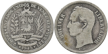 Венесуэла 1 боливар 1945 р, Симон Боливар KM 22a серебро 87-1225