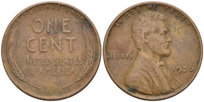 США 1 цент 1936 Линкольн KM 132 бронза 4115-763
