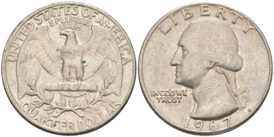 США 25 центов (квотер) 1967 Вашингтон KM 164a медь плакированная медно-никелем 4525-932