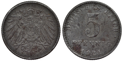 Германия 5 пфеннигов 1921 A KM 19, J. 297, Weege 5 железо 4118-1244