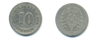 ГЕРМАНИЯ 10 ПФЕННИГОВ 1876 B, СТАРОГЕРБОВКА, KM 4, J. 4 медно-никель 4379-811