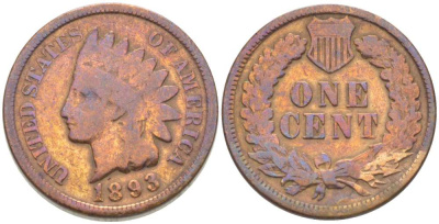 США 1 ЦЕНТ 1893 ИНДЕЕЦ KM 90а бронза 218-323