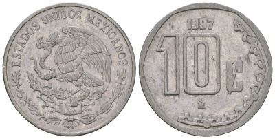 Мексика 10 сентаво 1997 M KM 547 нержавеющая сталь 4598-146