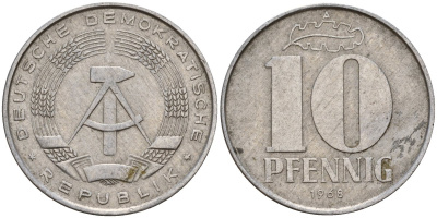 ГДР 10 пфеннигов 1968 A KM 10 алюминий 34-411