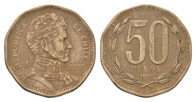 Чили 50 песо 1996 Бернардо О’Хиггинс KM 219.2 алюминиевая бронза 36-455