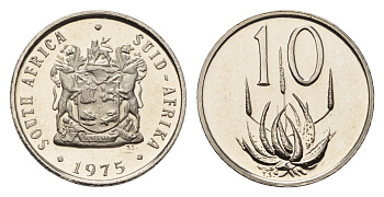 ЮАР 10 центов 1975 герб, цветок алоэ KM 85 никель PROOF 4690-958