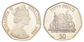 Гибралтар 50 пенсов 2008 KM 1089 медно-никель UNC 4666-414