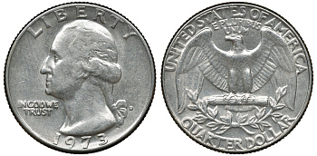 США 25 центов (квотер) 1973 D, Вашингтон KM 164а медь покрытая медно-никелем 72-543