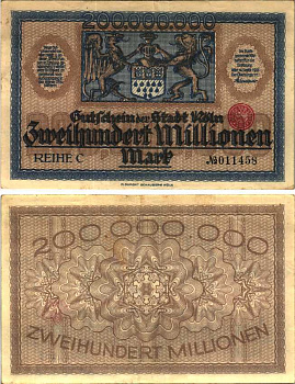 КЁЛЬН 200000000 МАРОК 1923 НОТГЕЛЬД, 14 СЕНТЯБРЯ 1923, REIHE C, ЗЕМЛЯ СЕВЕРНЫЙ РЕЙН-ВЕСТФАЛИЯ Keller 2684z бумага 6300-33-3-2