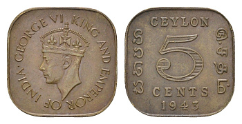 Цейлон 5 центов 1943 Георг VI (1936-1952) KM 113.1 никель латунь 4528-864