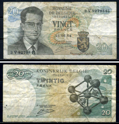 Бельгия 20 франков 1964 Бодуэн I, атомиум, Kestens Pick 138 (3) бумага 6299-28-2-2