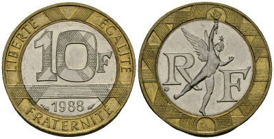 Франция 10 франков 1988 тип гений Бастилии KM 964.1, Le Franc 375.2 биметалл 4135-531