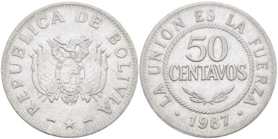Боливия 50 сентаво 1987 KM 204 нержавеющая сталь 4513-751