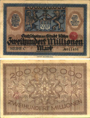 КЁЛЬН 200000000 МАРОК 1923 НОТГЕЛЬД, 14 СЕНТЯБРЯ 1923, REIHE C, ЗЕМЛЯ СЕВЕРНЫЙ РЕЙН-ВЕСТФАЛИЯ Keller 2684z бумага 6300-33-3-2