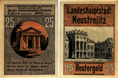 НОЙШТРЕЛИЦ 25 ПФЕННИГОВ 1922 НОТГЕЛЬД, 1922 - 31 ЯНВАРЯ 1922, ЗЕМЛЯ МЕКЛЕНБУРГ-ПЕРДНЯЯ ПОМЕРАНИЯ Grabowski 969.1 бумага 7548-117-1-3