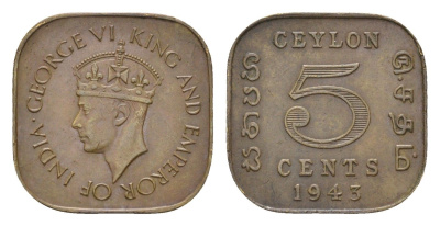 Цейлон 5 центов 1943 Георг VI (1936-1952) KM 113.1 никель латунь 4528-864