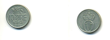 Норвегия 10 эре 1973 пчела, Улаф V (1958-1991) KM 411 медно-никель 56-814