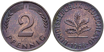 ФРГ 2 пфеннига 1968 G KM 106a, J.381a сталь плакированная медью 4546-951