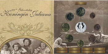 НИДЕРЛАНДЫ ЕВРОНАБОР ИЗ 8 МОНЕТ + СЕРЕБРЯННАЯ МЕДАЛЬ 2009 100 ЛЕТ СО ДНЯ РОЖДЕНИЯ КОРОЛЕВЫ ЮЛИАННЫ 1909-2009, БУКЛЕТ UNC 7-4-85