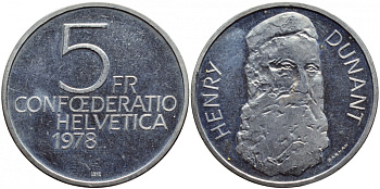 ШВЕЙЦАРИЯ 5 ФРАНКОВ 1978 150 ЛЕТ СО ДНЯ РОЖДЕНИЯ ГЕНРИ ДУНАНТА, ОСНОВАТЕЛЯ МЕЖДУНАРОДНОГО КРАСНОГО КРЕСТА KM 56 медно-никель UNC 443-134